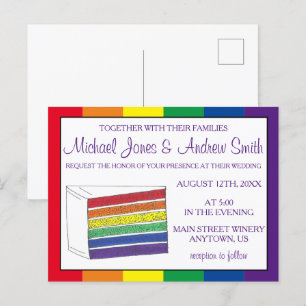 Postal De Invitación Orgullo gay LGBT Boda de pastel con capa de arcoir