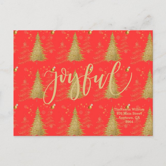 Postal De Invitación Oro ALEGRÍA en Fiesta de Navidad Rojo  (Anverso)