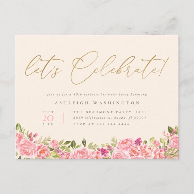 Postal De Invitación Oro floral rosado celebremos cumpleaños sorpresa (Anverso)