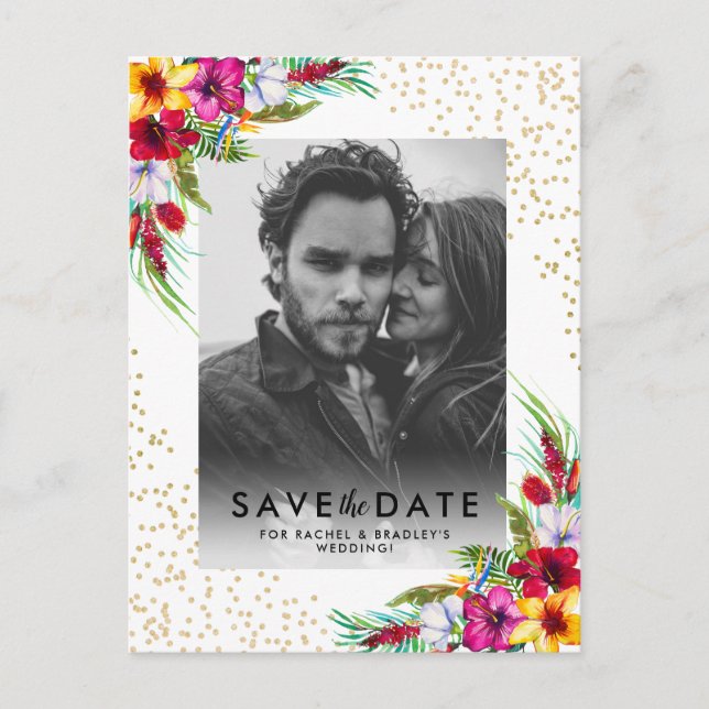 Postal De Invitación Oro Floral Tropical Foto Boda Guardar la Fecha (Anverso)