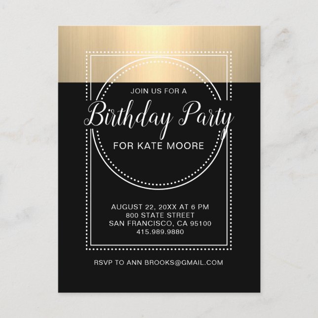 Postal De Invitación Oro metálico en cumpleaños negro (Anverso)