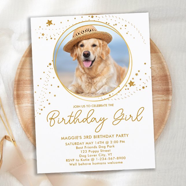 Postal De Invitación Oro Stars Mascota personalizado Foto de perro Cump (Subido por el creador)