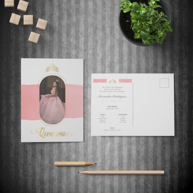 Postal De Invitación Oro y foto rosa Rosa Quinceanera (Subido por el creador)
