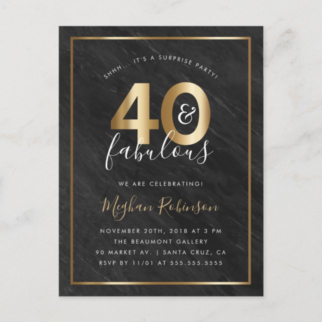 Postal De Invitación Oro y mármol negro 40 y fabuloso Fiesta sorpresa (Anverso)