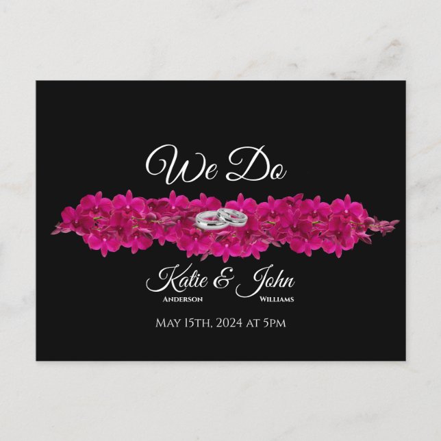 Postal De Invitación Orquídeas de Fuchsia sobre la boda negra RSVP- (Anverso)