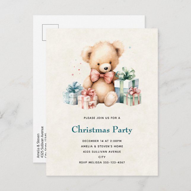 Postal De Invitación Oso de peluche con regalo de Navidad (Anverso / Reverso)