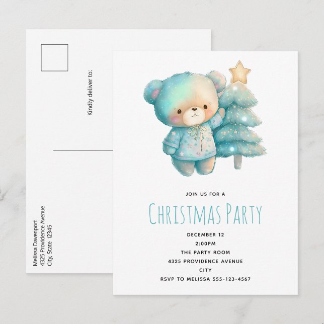 Postal De Invitación Oso lindo y árbol de Navidad Cumpleaños (Anverso / Reverso)