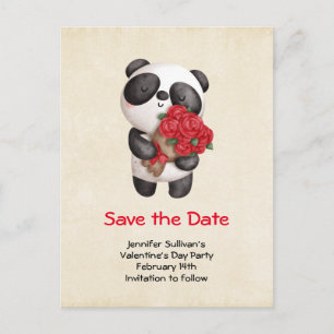 Postal De Invitación Oso Panda con ramo de rosas Save the Date