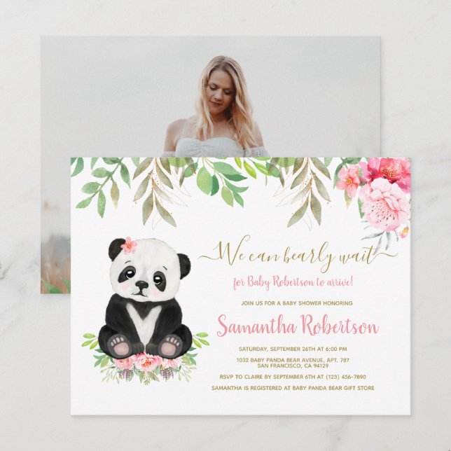 Postal De Invitación Oso Rosa Floral Niña Baby Shower (Anverso / Reverso)
