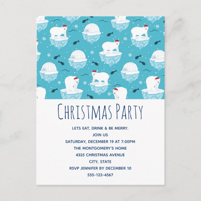 Postal De Invitación Osos polares lindos con sombreros de Santa en la f (Anverso)