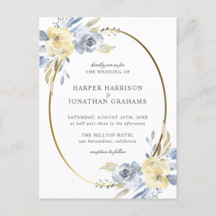 Postal De Invitación Oval floral azul y amarillo turbio   Boda elegante