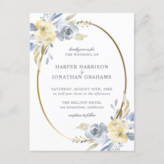 Postal De Invitación Oval floral azul y amarillo turbio | Boda elegante