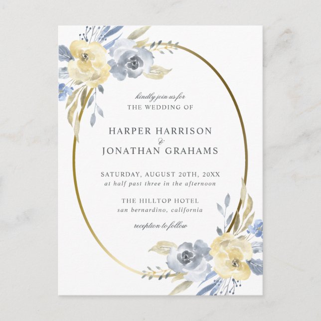 Postal De Invitación Oval floral azul y amarillo turbio | Boda elegante (Anverso)