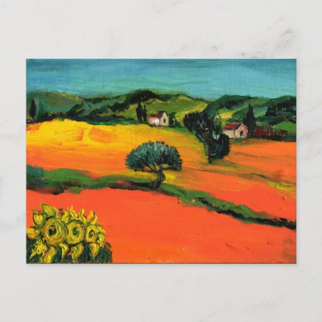 POSTAL DE INVITACIÓN PAISAJE DE TOSCANA CON FLORES EN NARANJA ROJO (Anverso)