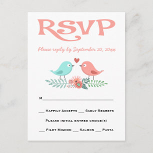 Postal De Invitación Pájaros de Amor RSVP Rosa y Azul Fiesta de Boda