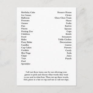 Postal De Invitación Palabras de la fiesta de cumpleaños de Bingo Card