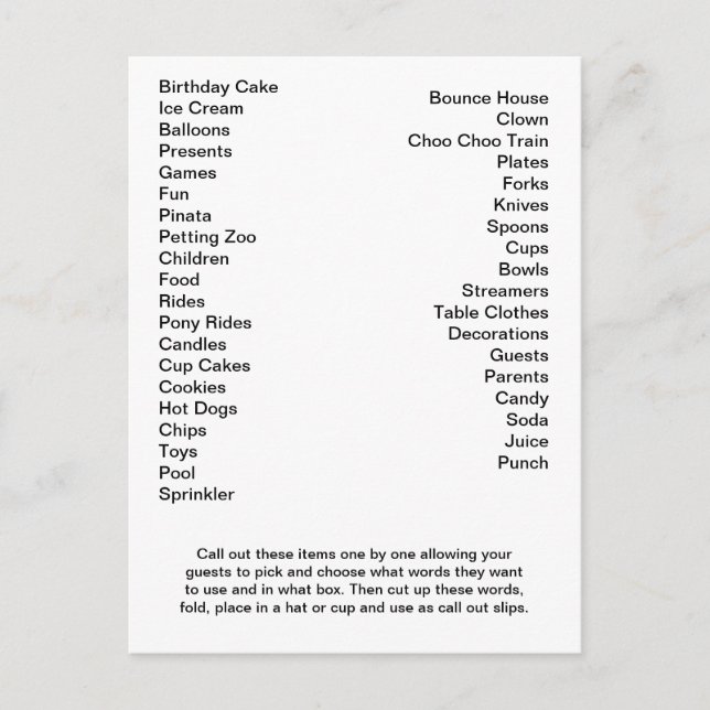 Postal De Invitación Palabras de la fiesta de cumpleaños de Bingo Card (Anverso)