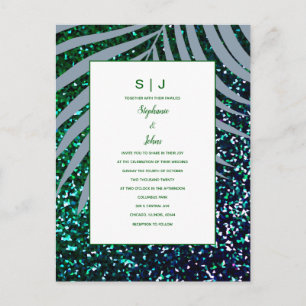 Postal De Invitación Palm Leaves Purpurina azul turbulento Boda