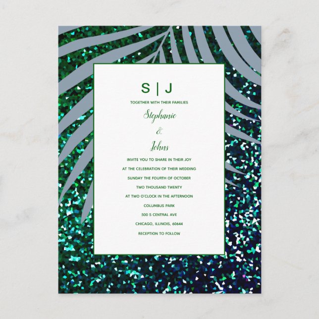 Postal De Invitación Palm Leaves Purpurina azul turbulento Boda (Anverso)