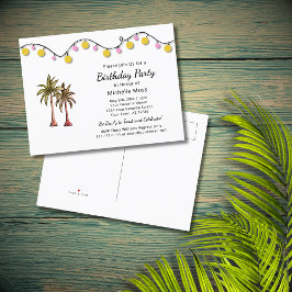Postal De Invitación Palm Trees Tropical Beach String Lights Birday