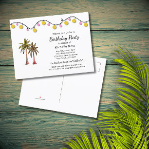 Postal De Invitación Palm Trees Tropical Beach String Lights Birday