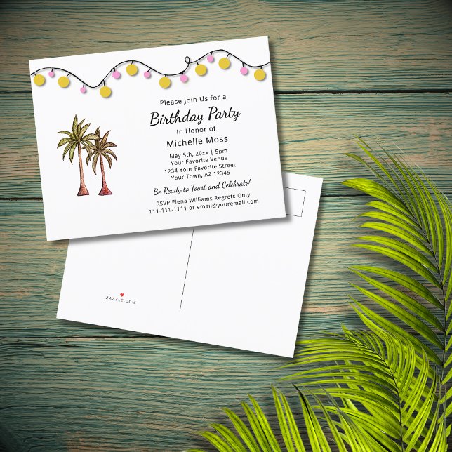 Postal De Invitación Palm Trees Tropical Beach String Lights Birday (Subido por el creador)