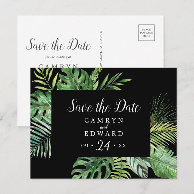 Postal De Invitación Palm Tropical Salvaje | Black Save the Date Postca (Anverso / Reverso)