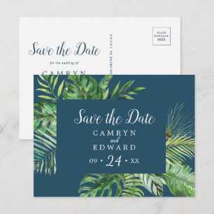 Postal De Invitación Palm Tropical Salvaje Navy Save the Date Postcar