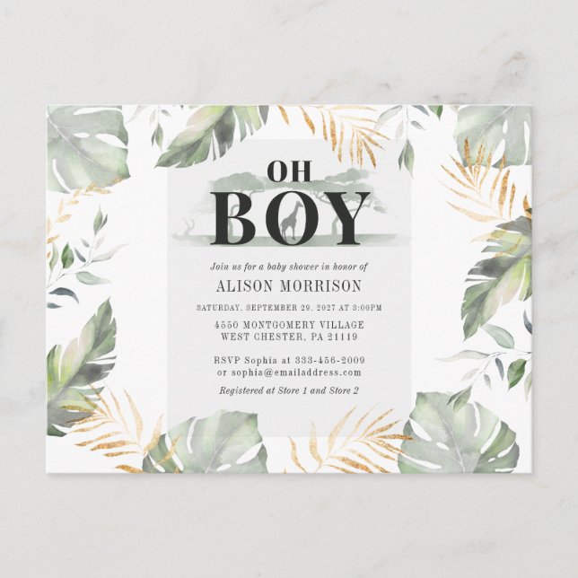 Postal De Invitación Palma de Safari Selva deja Baby Shower a jirafa (Anverso)