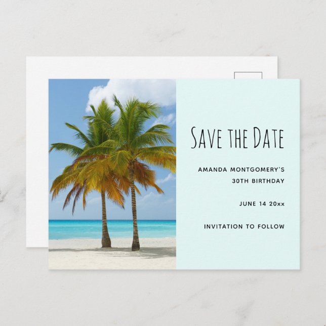 Postal De Invitación Palmeras en una playa tropical salven la fecha (Anverso / Reverso)