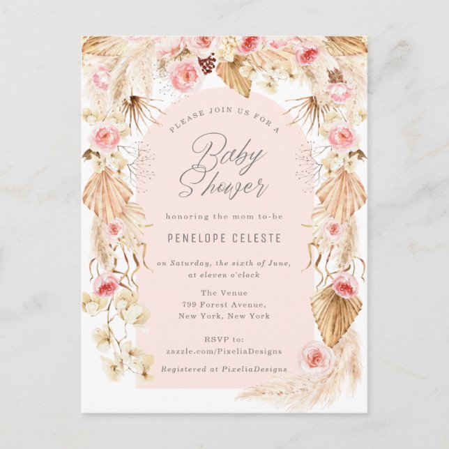 Postal De Invitación pampas boho con arco floral rosa ducha bebé (Anverso)