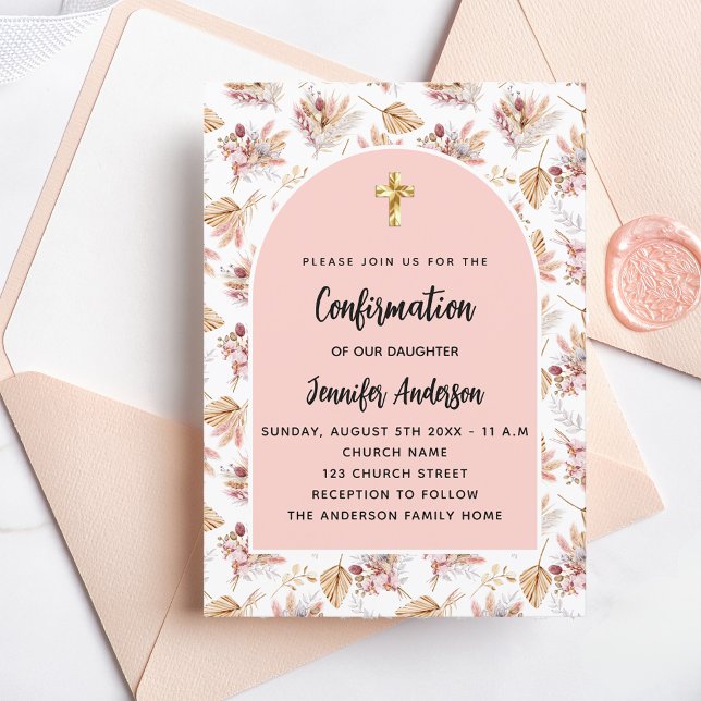 Postal De Invitación Pampas de confirmación flores rosa boho oro (Subido por el creador)