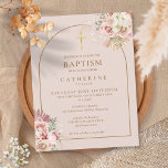 Postal De Invitación Pampas Grass Pink Gold Arch Baptism Christening<br><div class="desc">Hermosas pampas florales acuarelas de pasto y arco de moda enmarcan tu bautismo o detalles de bautizo en una tipografía elegante sobre un suave fondo rosa rubor. Diseñado por Thisisnotme©</div>