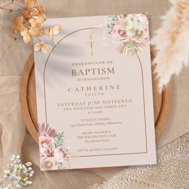 Postal De Invitación Pampas Grass Pink Gold Arch Baptism Christening (Subido por el creador)