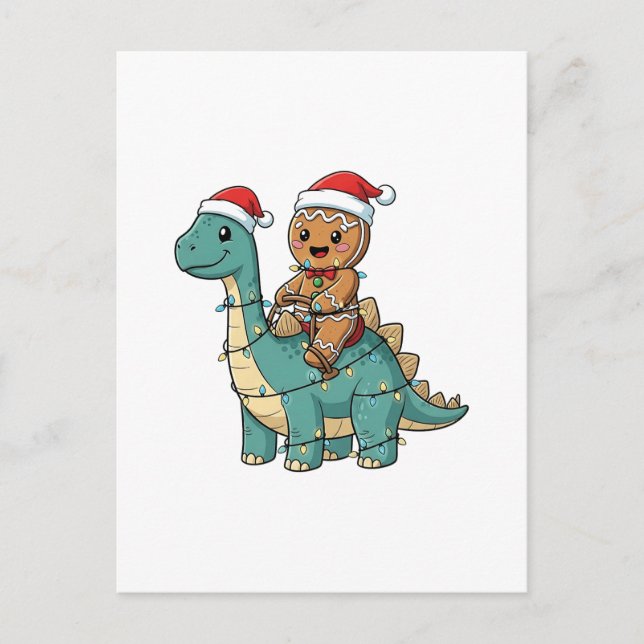 Postal De Invitación Pan de Jengibre Montando a un Santa Dinosaurio de  (Anverso)