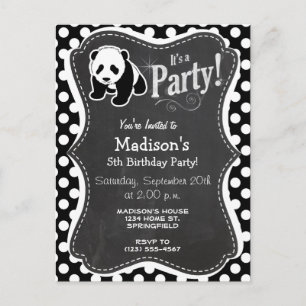 Postal De Invitación Panda sobre puntos de polka blanco y negro