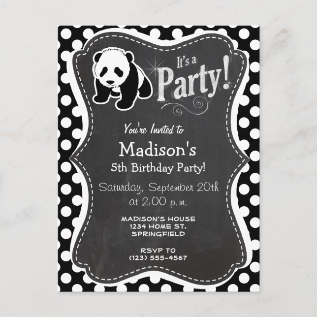 Postal De Invitación Panda sobre puntos de polka blanco y negro (Anverso)