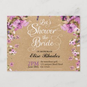 Postal De Invitación Papel kraft con flores violeta botánico Ducha de n