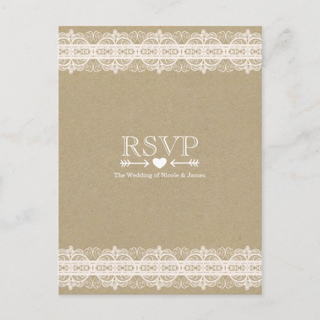 Postal De Invitación Papel marrón y boda rústica natural de encaje RSVP (Anverso)