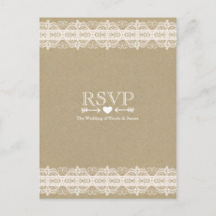 Postal De Invitación Papel marrón y encaje Respuesta de boda rústica na