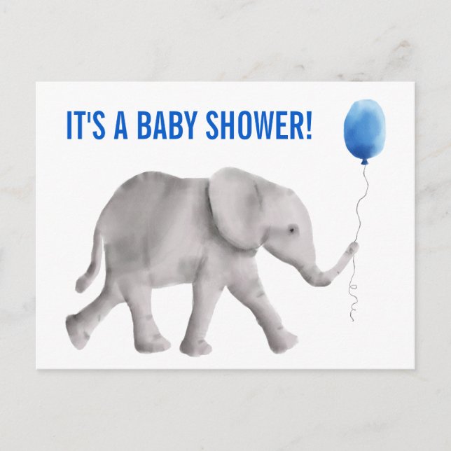 Postal de invitación para elefante Baby Shower, az (Anverso)