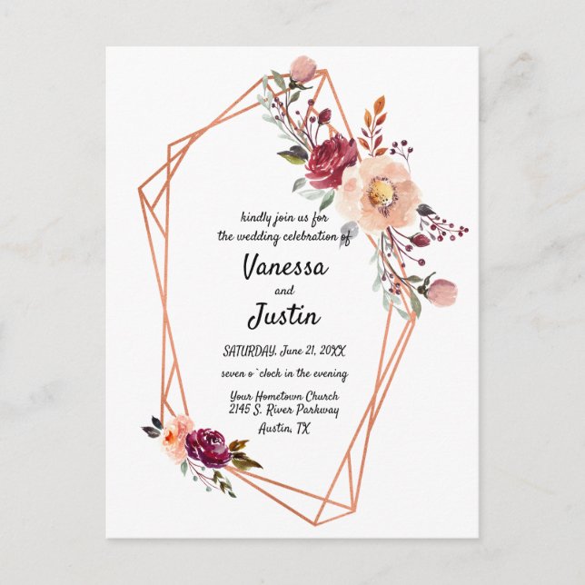 Postal de invitación para matrimonio floral de cob (Anverso)