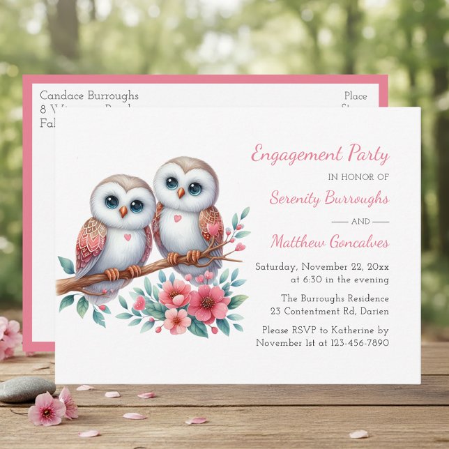Postal De Invitación Pareja de búhos rústicos para fiesta de compromiso (Subido por el creador)