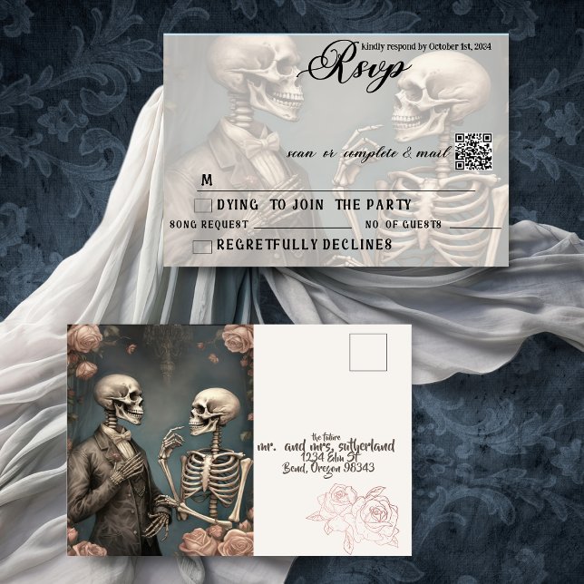 Postal De Invitación Pareja de esqueletos hasta la muerte de nosotros P (Gothic  RSVP postcard QR Code)