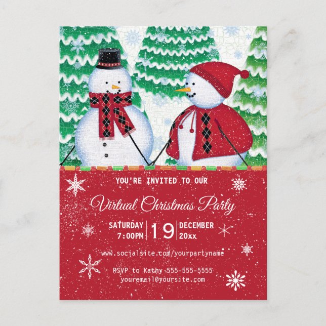 Postal De Invitación Pareja de Snowman enciende Fiesta de Navidades roj (Anverso)