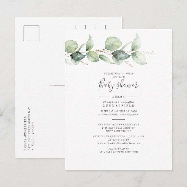 Postal De Invitación Parejas Baby Shower Eucalyptus Greenery Leaves (Anverso / Reverso)