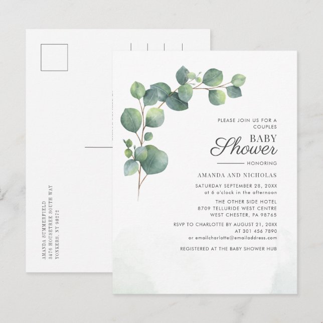 Postal De Invitación Parejas Baby Shower Greenery Eucalyptus Botánico (Anverso / Reverso)