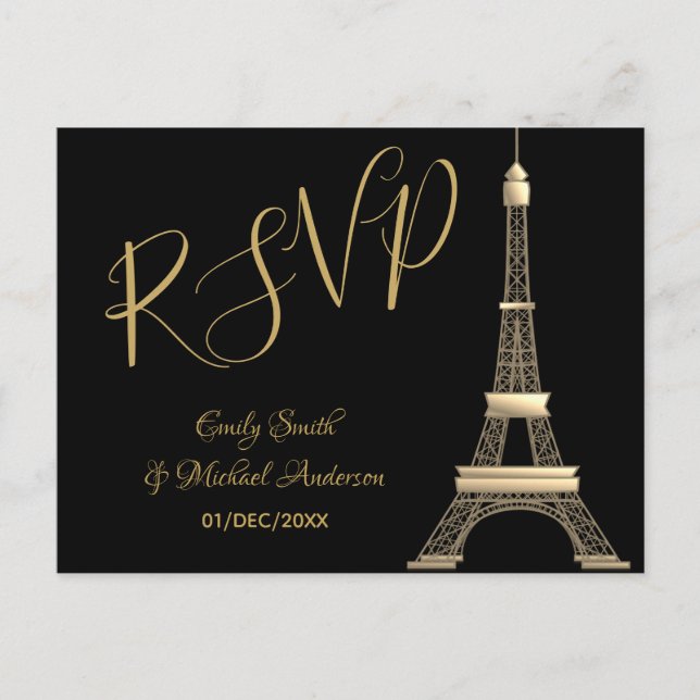 Postal De Invitación PARIS RSVP Black Gold - Elegante Tendencia de Moda (Anverso)