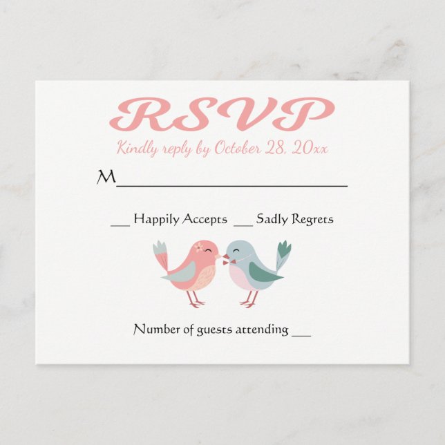 Postal De Invitación Partido de Boda RSVP Pink & Blue Lovebirds (Anverso)