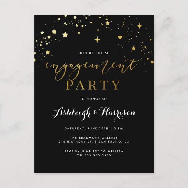Postal De Invitación Partido de compromiso de Confetti Negro y Oro (Anverso)